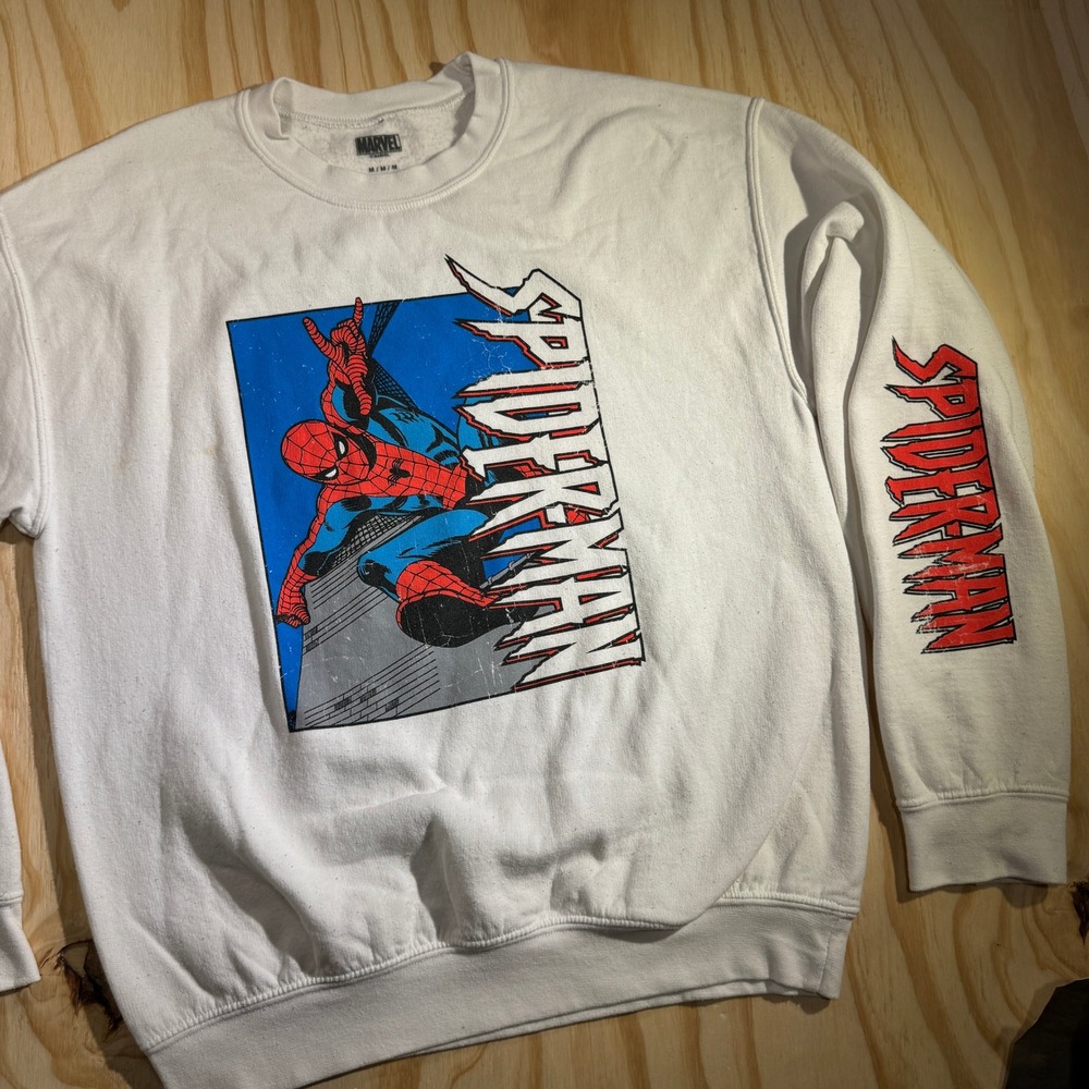Marvel Men's Spider-Man Graphic White Sweatshirt Pullover Sleeve Print Size M